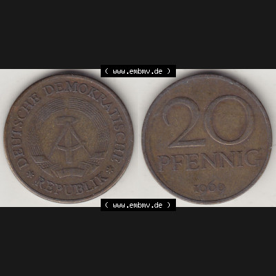 Münzen Deutschland DDR 1969-1990, 20 Pfennig 1969-4, DDR-Telefonmünze. Vorderseite und Rückseite Nebeneinander einer 20 Pfennig Münze / Umlaufmünze in der... Sammlung