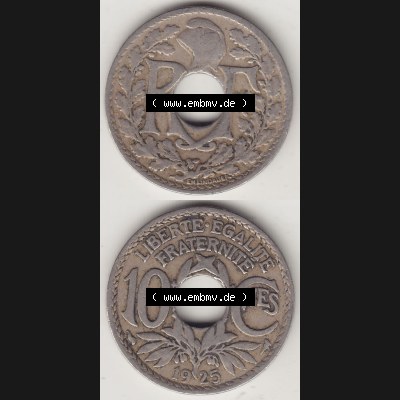 Münzen Frankreich Eurovorläufer, Umlaufmünze vor Euroeinführung 1917-1938, 10 Centimes - Cmes 1925. Vorderseite und Rückseite Vertikal Untereinander, passend... Sammlung