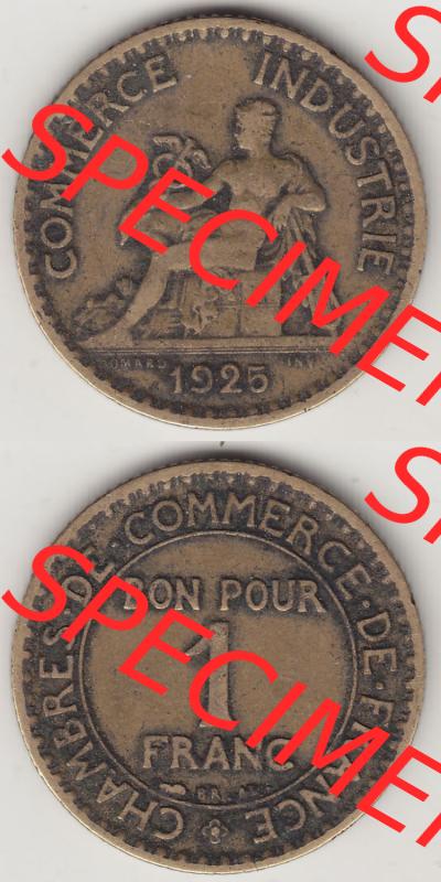 Münzen Frankreich Eurovorläufer, Umlaufmünze vor Euroeinführung 1920-1927, 1 Franken BON POUR 1 FRANC 1925. Vorderseite und Rückseite Vertikal Untereinander... Sammlung