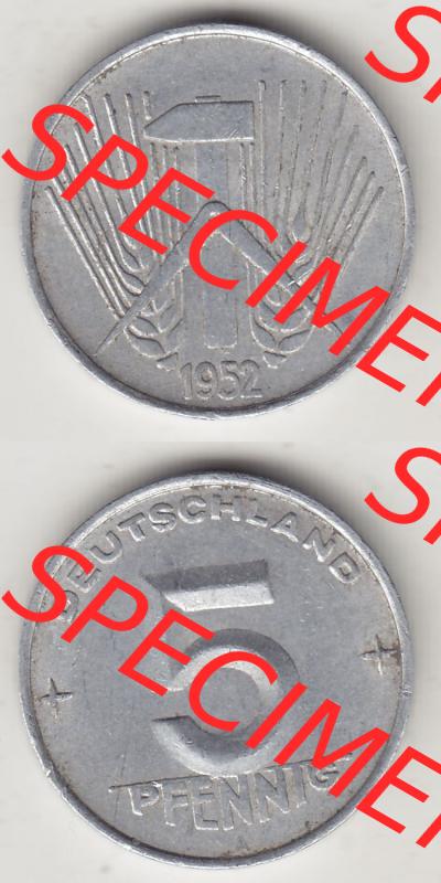 Münzen Deutschland DDR 1952-1953, A 5 Pfennig 1952-1. Vorderseite und Rückseite einer Münze in Vertikaler Ausrichtung auf einen Bild, einer 5 Pfennig Münze der ehemaligen... Sammlung