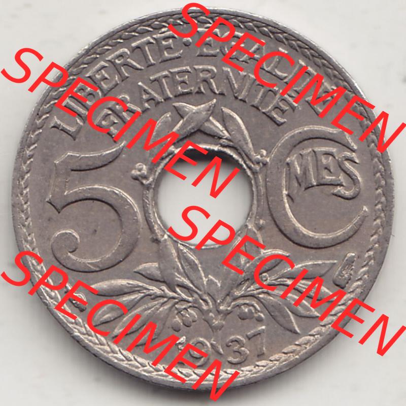 Alte Münzen Frankreich, Kursmünzensatz Zeitraum 1917-1952, der Münze 1920-1938, 5 Cmes, Centimes 1937-1. Rückseite einer Münze aus Frankreich in... Sammlung