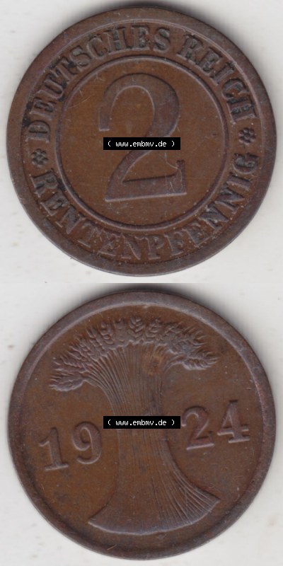 Münzen Deutschland 1918-1932 Weimarer Republik 1923-1924, 2 Rentenpfennig 1924 A, D, E, F, G, J (4) Sammlung