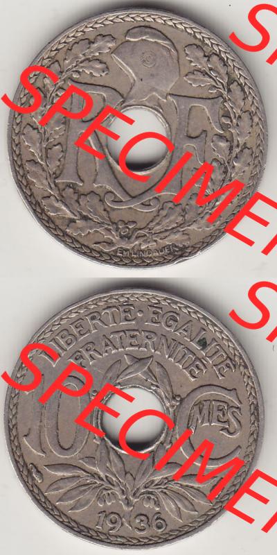 Münzen Frankreich Eurovorläufer, Umlaufmünze vor Euroeinführung 1917-1938, 10 Centimes - Cmes 1936. Vorderseite und Rückseite Vertikal Untereinander, passend... Sammlung