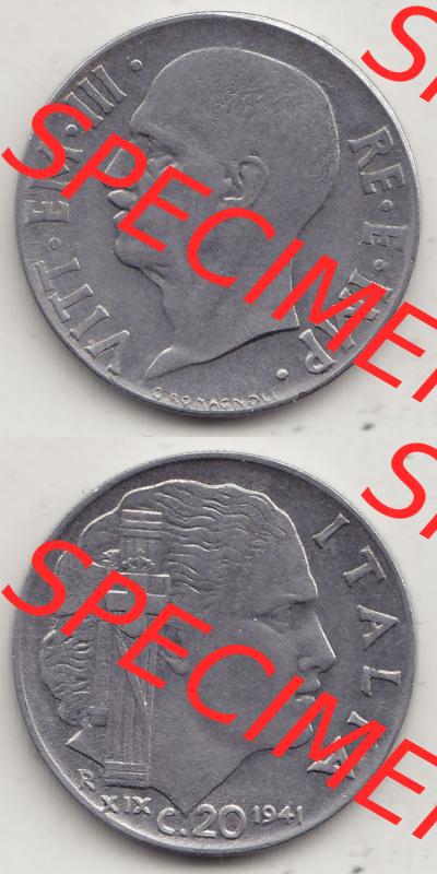 Münzen Italien / Italia Eurovorläufer, Umlaufmünze vor Euroeinführung 1939-1943, 20 C. Centesimi, Cent 1941-1. Rückseite und Vorderseite vertikal... Sammlung