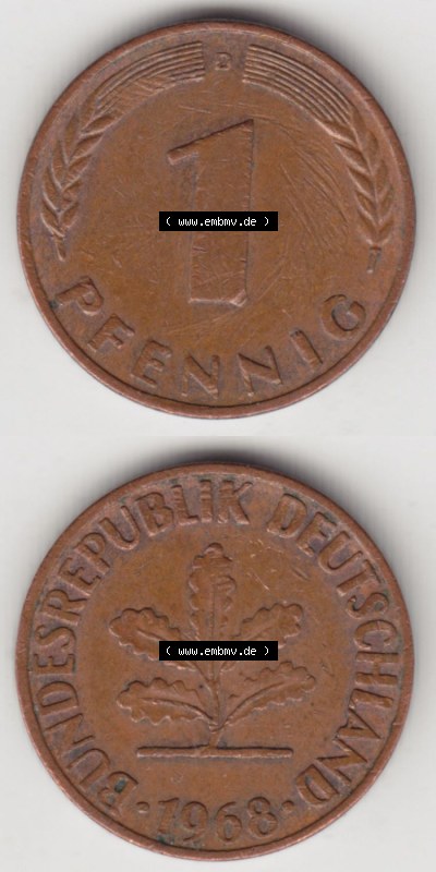 Münzen Deutschland 1 Pfennig-Deutsche Mark 1950-2001, 1 Pfennig 1968 D. Rückseite und Vorderseite in vertikaler Ansicht für... Sammlung