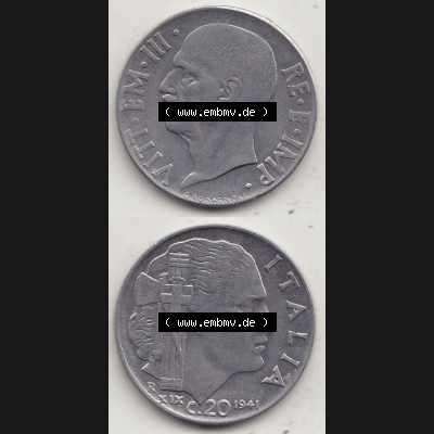 Münzen Italien / Italia Eurovorläufer, Umlaufmünze vor Euroeinführung 1939-1943, 20 C. Centesimi, Cent 1941-1. Rückseite und Vorderseite vertikal... Sammlung