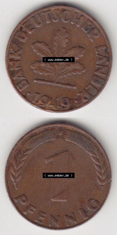 Münzen Deutschland 1 Pfennig-Deutsche Mark 1948-1949, 1 Pfennig 1949 J. Vorderseite und Rückseite in vertikaler Ansicht, einer... Sammlung