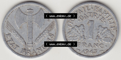 Münzen Frankreich Eurovorläufer, Umlaufmünze vor Euroeinführung 1942-1944, 1 Franken - Francs 1943 (Stück 2). Vorderseite... Sammlung
