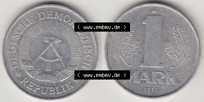 Münzen Deutschland DDR 1972-1990, A 1 Mark 1977 (Stück 1). Vorderseite und Rückseite Nebeneinander einer 1 Mark Münze / Umlaufmünze... Sammlung