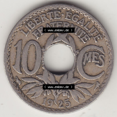 Münzen Frankreich Eurovorläufer, Umlaufmünze vor Euroeinführung 1917-1938, 10 Centimes - Cmes 1925. Rückseite einer Münze... Sammlung