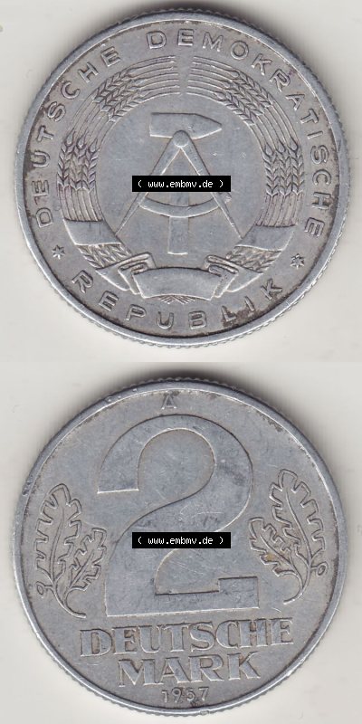 Münzen Deutschland DDR 1957-1957, A 2 Deutsche Mark 1957 (Stück 2). Vorderseite und Rückseite Vertikal Untereinander, passend... Sammlung