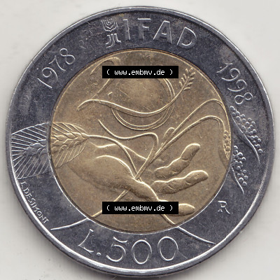 Münzen Italien / Italia Eurovorläufer, Gedenkmünze vor Euroeinführung 1998-1998, 500 Lire, 20 Jahre Internationaler Fonds... Sammlung