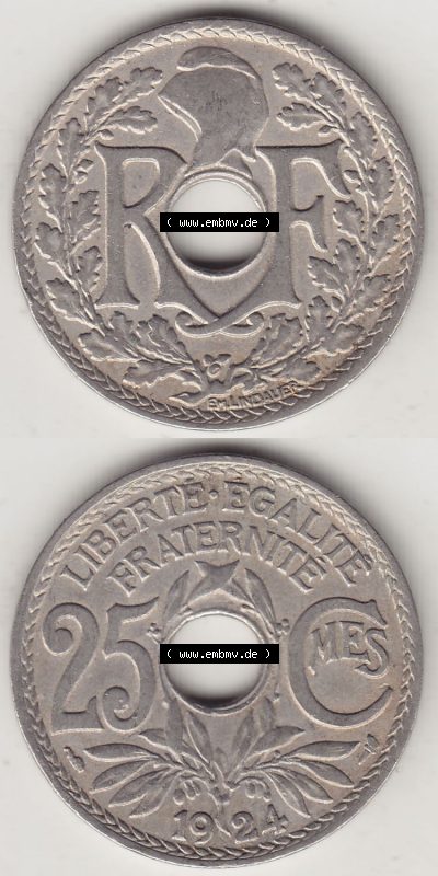 Münzen Frankreich Eurovorläufer, Umlaufmünze vor Euroeinführung 1917-1937, 25 Cmes, Centimes 1924 (Stück 1) LIBERTE EGALITE... Sammlung