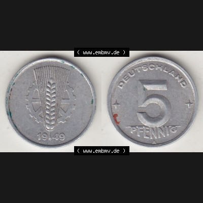 Münzen Deutschland DDR 1948-1950, A 5 Pfennig 1949-1. Vorderseite und Rückseite einer Münze auf einen Bild, einer 5 Pfennig Münze der ehemaligen DDR in Europa als... Sammlung