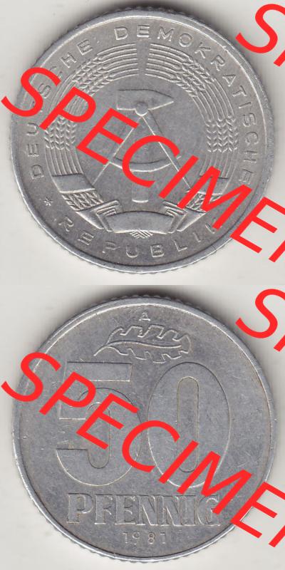 Münzen Deutschland DDR 1958-1990, A 50 Pfennig 1981-1 der DDR-Mark. Vorderseite und Rückseite Vertikal Untereinander, passend für Mobile-Geräte, einer 50 Pfennig... Sammlung