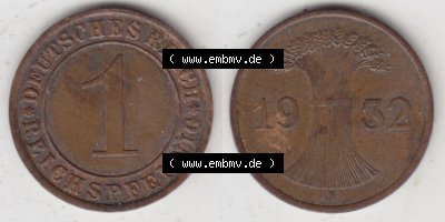 Münzen Deutschland 1918-1932 Weimarer Republik 1924-1936, 1 Reichspfennig A, 1932 (3) Sammlung