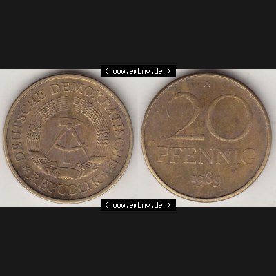 Münzen Deutschland DDR 1969-1990, 20 Pfennig 1989-1, DDR-Telefonmünze. Vorderseite und Rückseite Nebeneinander einer 20 Pfennig Münze / Umlaufmünze aus Deutschland... Sammlung