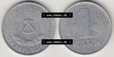 Münzen Deutschland DDR 1972-1990, A 1 Mark 1977 (Stück 5). Vorderseite und Rückseite Nebeneinander einer 1 Mark Münze / Umlaufmünze... Sammlung