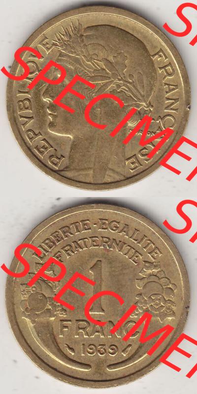 Alte Münzen Frankreich, Kursmünzensatz Zeitraum 1917-1952, der Münze 1931-1941, 1 Franken, Franc, 1939. Rückseite und Vorderseite vertikal untereinander... Sammlung
