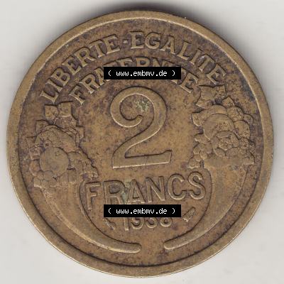Münzen Frankreich Eurovorläufer, Umlaufmünze vor Euroeinführung 1931-1941, 2 Franken 1938-2 LIBERTE EGALITE FRATERNITE. Rückseite einer Münze aus Frankreich... Sammlung