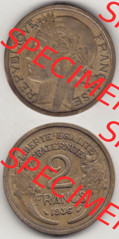 Münzen Frankreich Eurovorläufer, Umlaufmünze vor Euroeinführung 1931-1941, 2 Franken 1936-1 LIBERTE EGALITE FRATERNITE. Rückseite und Vorderseite vertikal untereinander... Sammlung