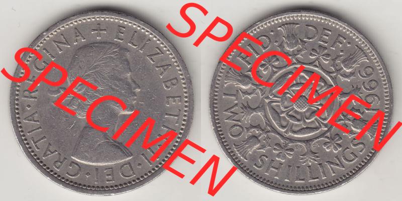 Münzen Großbritannien Eurovorläufer, Umlaufmünze vor Euroeinführung 1954-1970, 2 Schilling - Shillings 1966-4. Vorderseite und Rückseite horizontal nebeneinander... Sammlung