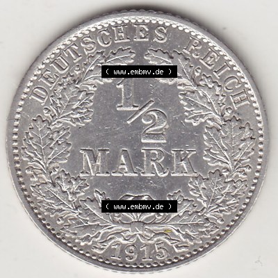 Münzen Deutschland 1871-1918 Kaiserreich Silbermünze 1905-1919, 1/2 Mark J 1915. Rückseite einer Münze aus dem Deutschen Kaiserreich... Sammlung