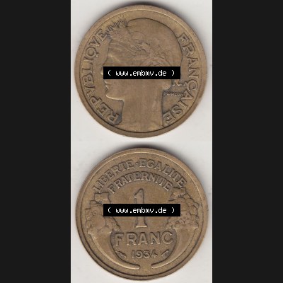 Münzen Frankreich Eurovorläufer, Umlaufmünze vor Euroeinführung 1931-1941, 1 Franken, 1 Franc, 1934-1 LIBERTE EGALITE FRATERNITE. Rückseite und Vorderseite... Sammlung