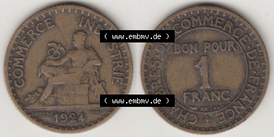 Münzen Frankreich Eurovorläufer, Umlaufmünze vor Euroeinführung 1920-1927, 1 Franken BON POUR 1 FRANC 1924 (Stück 1). Vorderseite... Sammlung
