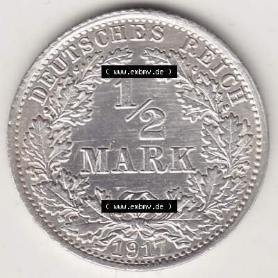 Münzen Deutschland 1871-1918 Kaiserreich Silbermünze 1905-1919, 1/2 Mark A 1917. Rückseite einer Münze aus dem Deutschen Kaiserreich in Europa als Digitales Bild /... Sammlung
