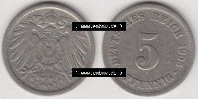 Münzen Deutschland 1871-1918 Kaiserreich 1890-1915, 5 Pfennig A, 1905 (3) Sammlung