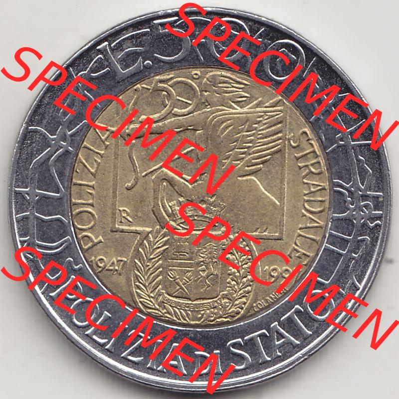 Münzen Italien / Italia Eurovorläufer, Gedenkmünze vor Euroeinführung 1997-1997, 500 Lire, 50 Jahre Staatspolizei (1947-1997), POLIZIA DI STATO... Sammlung