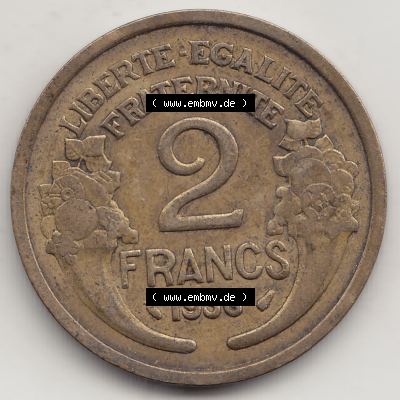 Münzen Frankreich Eurovorläufer, Umlaufmünze vor Euroeinführung 1931-1941, 2 Franken 1936-1 LIBERTE EGALITE FRATERNITE. Rückseite einer Münze aus Frankreich... Sammlung