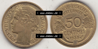 Alte Münzen Frankreich, Kursmünzensatz Zeitraum 1917-1952, der Münze 1931-1947, 50 Centimes, 1938 (Stück 1). Rückseite und... Sammlung