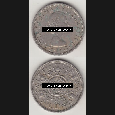 Münzen Großbritannien Eurovorläufer, Umlaufmünze vor Euroeinführung 1954-1970, 2 Schilling - Shillings 1966-5. Vorderseite und Rückseite vertikal untereinander... Sammlung