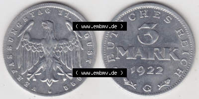 Münzen Deutschland 1918-1932 Weimarer Republik 1922-1923, 3 Mark G Verfassungstag 11. August 1922 (3) Sammlung
