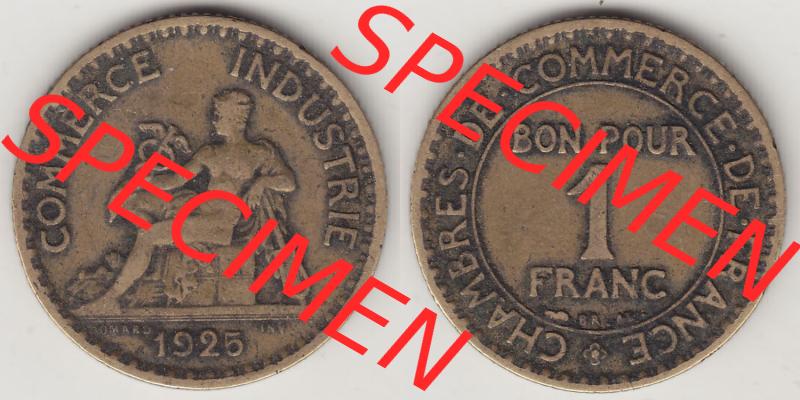 Münzen Frankreich Eurovorläufer, Umlaufmünze vor Euroeinführung 1920-1927, 1 Franken BON POUR 1 FRANC 1925. Vorderseite und Rückseite Nebeneinander einer Münze... Sammlung