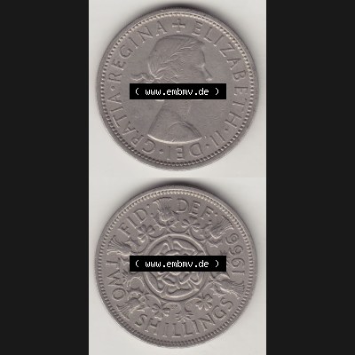 Münzen Großbritannien Eurovorläufer, Umlaufmünze vor Euroeinführung 1954-1970, 2 Schilling - Shillings 1966-7. Vorderseite und Rückseite vertikal untereinander... Sammlung
