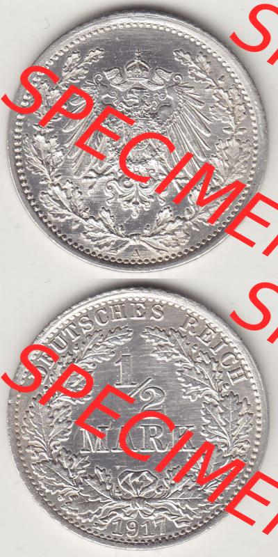 Münzen Deutschland 1871-1918 Kaiserreich Silbermünze 1905-1919, 1/2 Mark A 1917. Vorderseite und Rückseite Vertikal Untereinander, passend für Mobile-Geräte,... Sammlung
