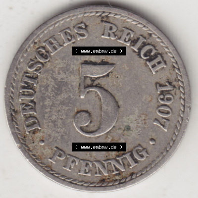 Münzen Deutschland 1871-1918 Kaiserreich 1890-1915, 5 Pfennig A, 1907 II (1) Sammlung