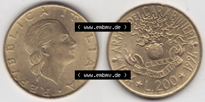 Münzen Italien / Italia Eurovorläufer, Gedenkmünze vor Euroeinführung 1994-1994, 200 Lire 180 Jahre Carabinieri. Rückseite... Sammlung