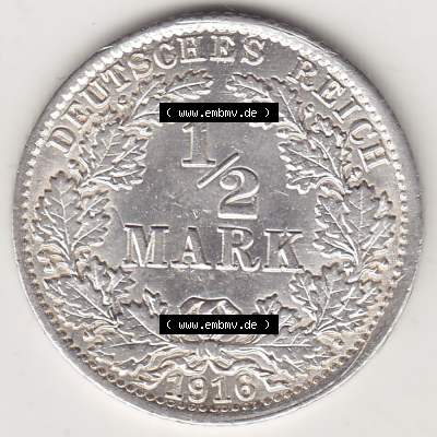 Münzen Deutschland 1871-1918 Kaiserreich Silbermünze 1905-1919, 1/2 Mark A 1916. Rückseite einer Münze aus dem Deutschen Kaiserreich in Europa als Digitales Bild /... Sammlung