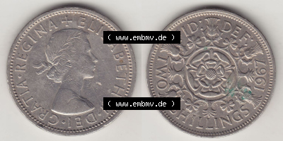 Münzen Großbritannien Eurovorläufer, Umlaufmünze vor Euroeinführung 1954-1970, 2 Schilling - Shillings 1967 (Stück 1). Vorderseite... Sammlung