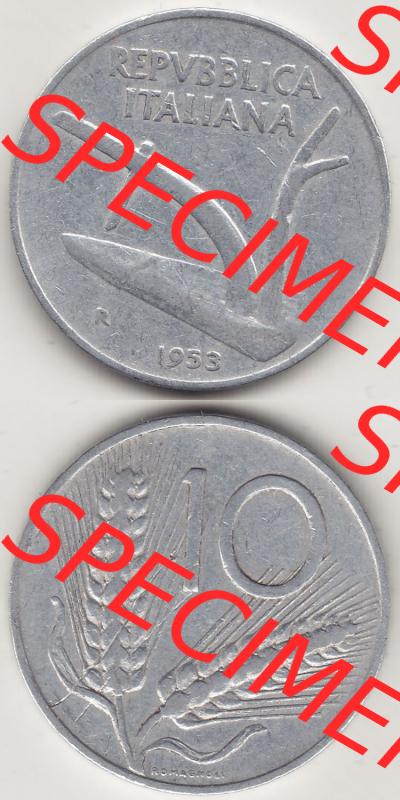 Münzen Italien / Italia Eurovorläufer, Umlaufmünze vor Euroeinführung 1951-2001, 10 Lire 1953-1. Vorderseite und Rückseite Vertikal Untereinander,... Sammlung