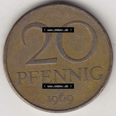 Münzen Deutschland DDR 1969-1990, 20 Pfennig 1969-6, DDR-Telefonmünze. Rückseite einer 20 Pfennig Münze / Umlaufmünze in der DDR auch als Telefonmünze... Sammlung