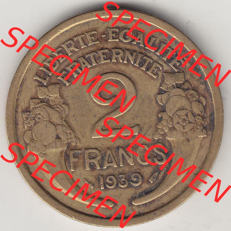 Münzen Frankreich Eurovorläufer, Umlaufmünze vor Euroeinführung 1931-1941, 2 Franken 1939-1 LIBERTE EGALITE FRATERNITE. Rückseite einer Münze aus Frankreich... Sammlung