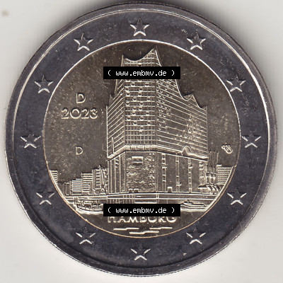 Münzen Euromünzen 2023, Deutschland / BRD 2 Euro Gedenkmünze 2023, Mzz. Münzzeichen D Bundesland Hamburg. 2 Euro Gedenkmünzen... Sammlung