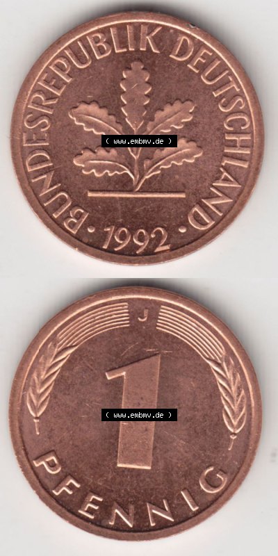 Münzen Deutschland 1 Pfennig-Deutsche Mark 1950-2001, 1 Pfennig 1992 J. Vorderseite und Rückseite in vertikaler Ansicht, einer... Sammlung