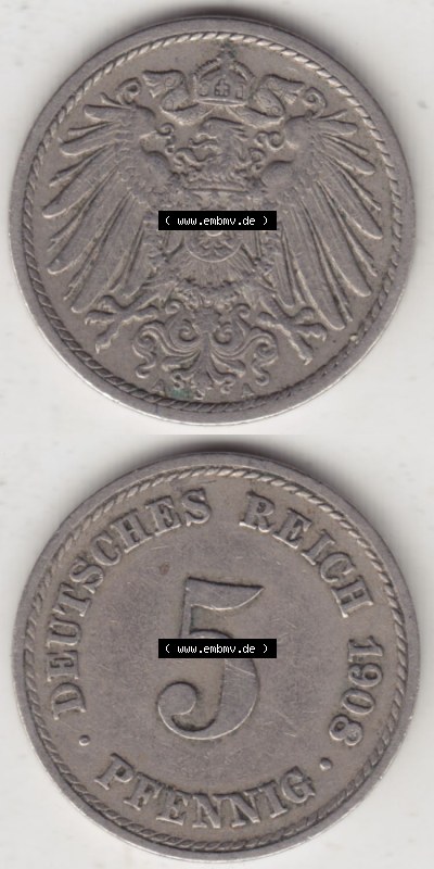 Münzen Deutschland 1871-1918 Kaiserreich 1890-1915, 5 Pfennig A, 1908 II (4) Sammlung