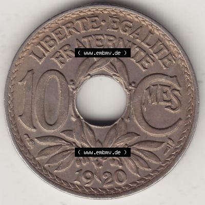 Münzen Frankreich Eurovorläufer, Umlaufmünze vor Euroeinführung 1917-1938, 10 Centimes, 10 CMES EGALITÉ FRATERNITÉ LIBERTÉ 1920-1. Rückseite... Sammlung